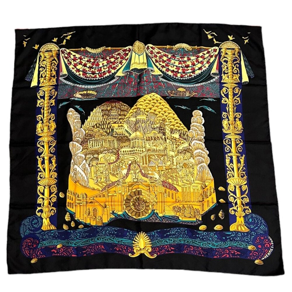 Hermes Carre L'Atlantide Atlantis Vintage 90cm Black Multicolor Silk Scarf - Picture 1 of 7